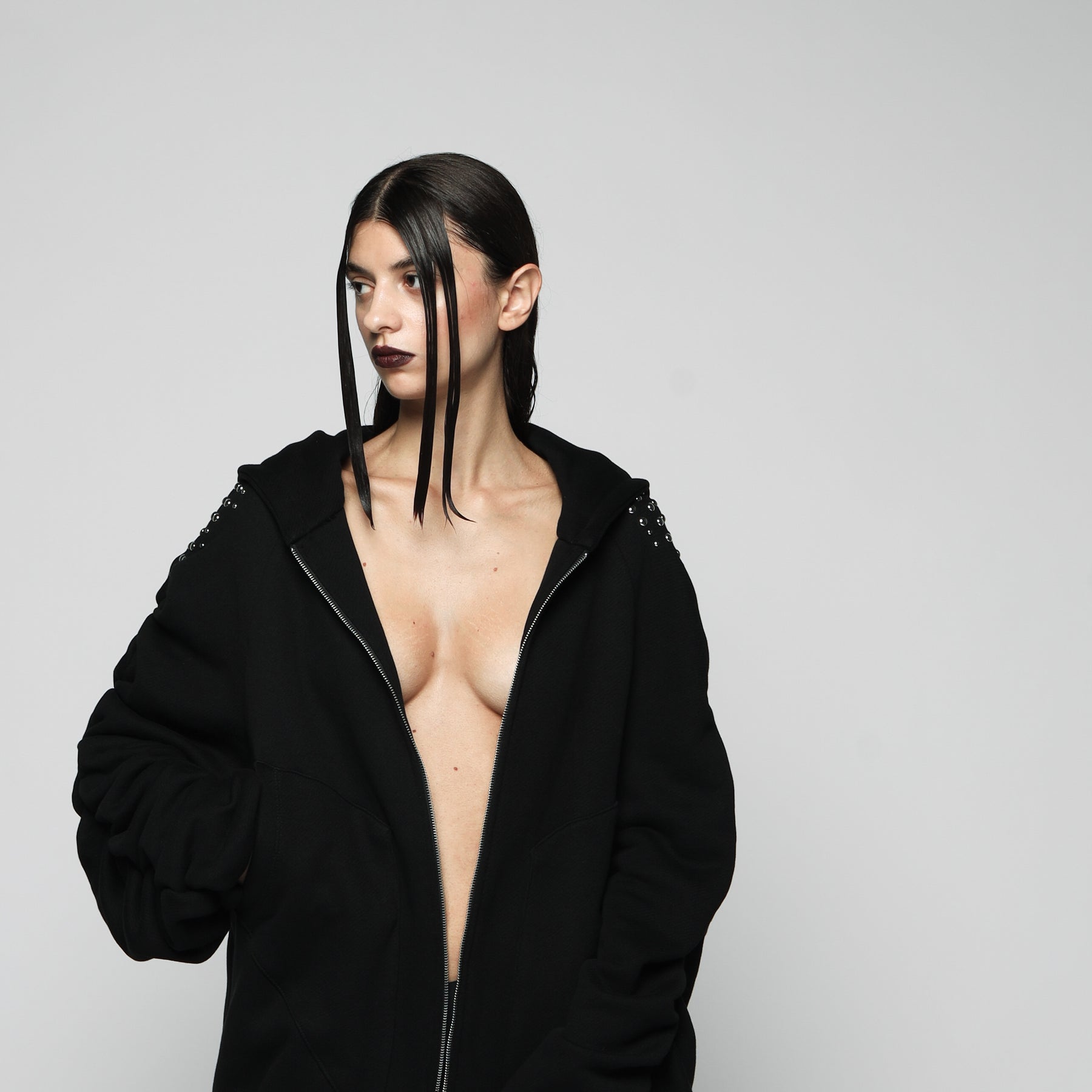 STUDDED SYNTAX FOLDED ZIP HOODIE  - WOMAN