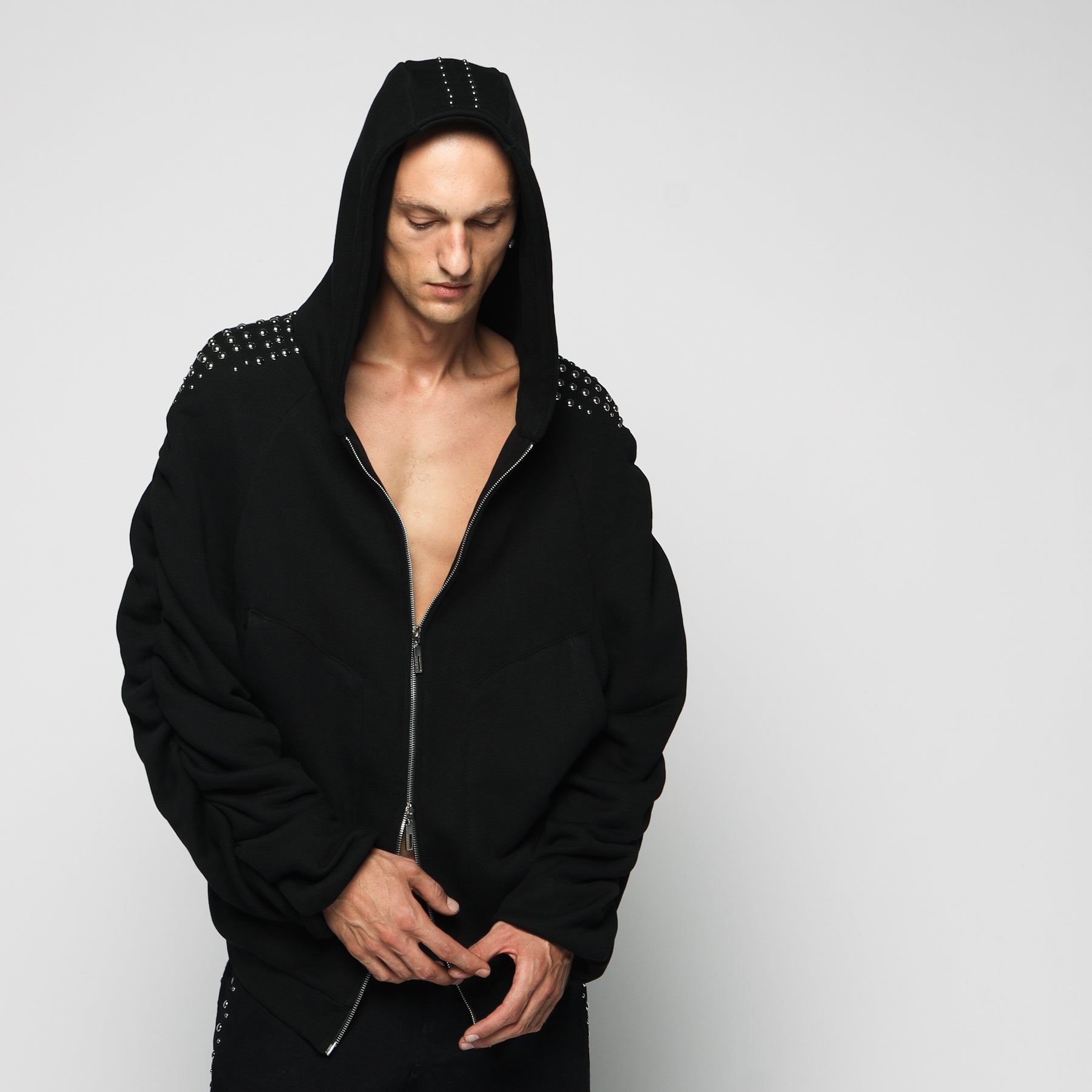 STUDDED SYNTAX FOLDED ZIP HOODIE  - MAN